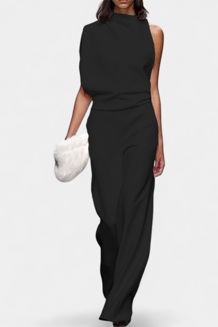 Asymmetrical One-Shoulder Jumpsuit with Flowing Legs by Etta