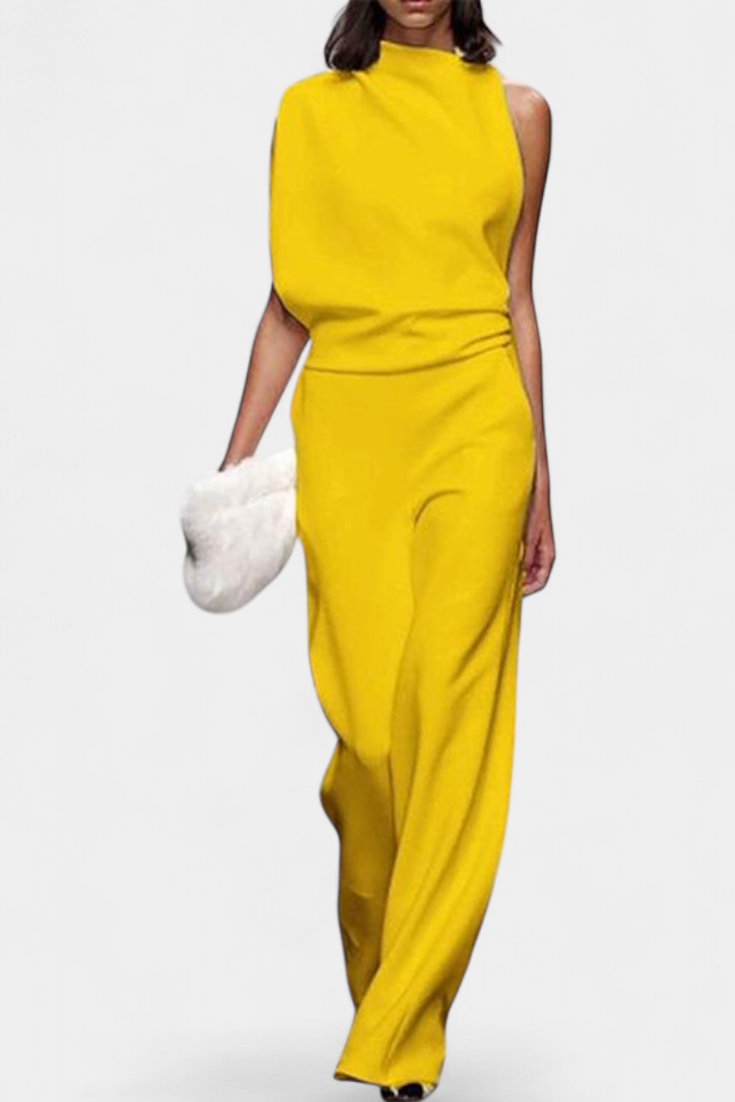 Asymmetrical One-Shoulder Jumpsuit with Flowing Legs by Etta