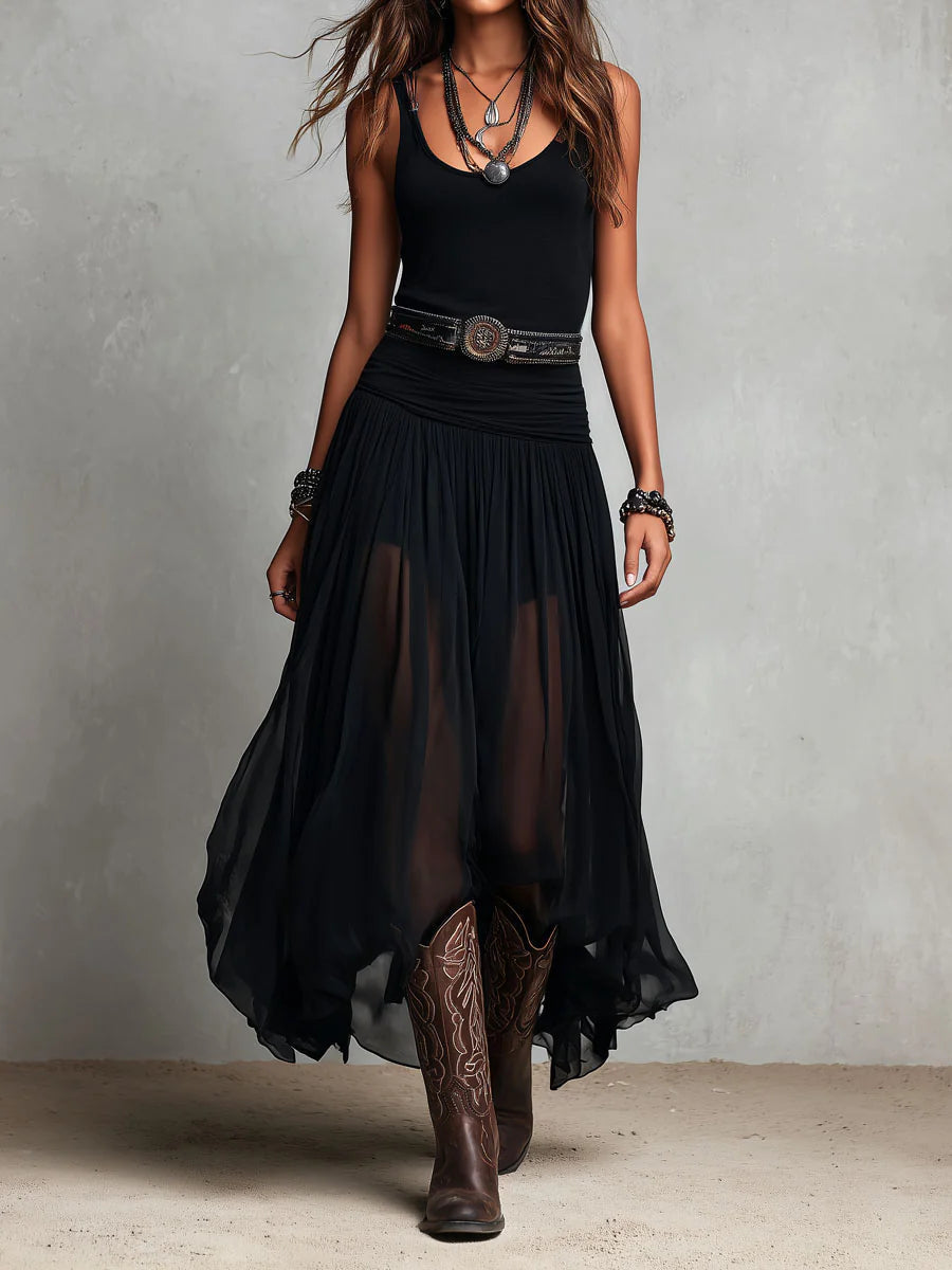 Black Sleeveless Tank Top With Tulle Skirt Maxi Dress (without belt)