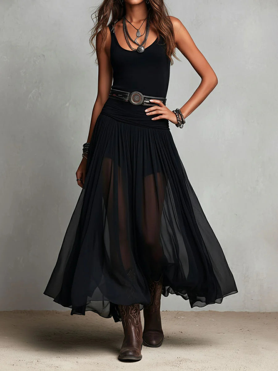 Black Sleeveless Tank Top With Tulle Skirt Maxi Dress (without belt)