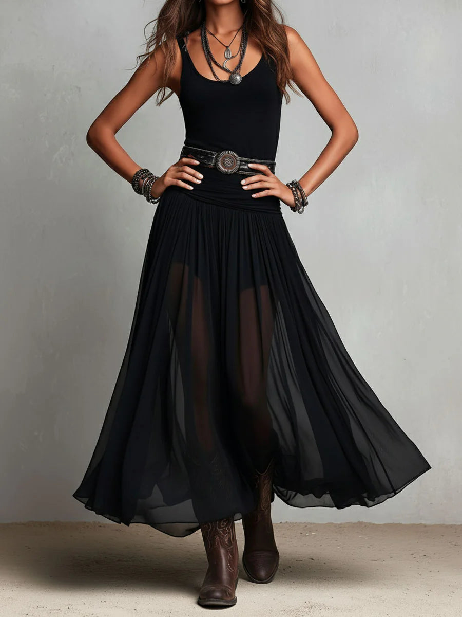Black Sleeveless Tank Top With Tulle Skirt Maxi Dress (without belt)
