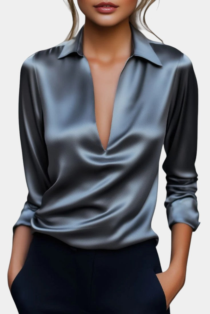 Plunging Neckline Aline Silver Satin Blouse
