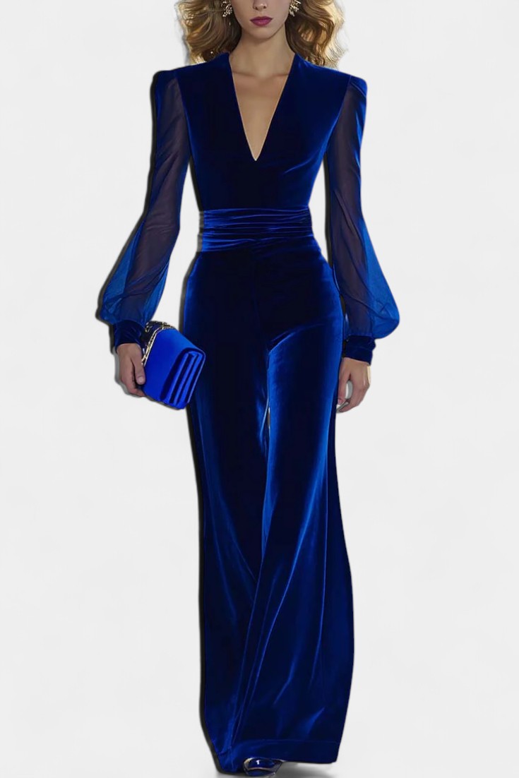 Clarène V-Neck Velvet Jumpsuit with Long Sleeves