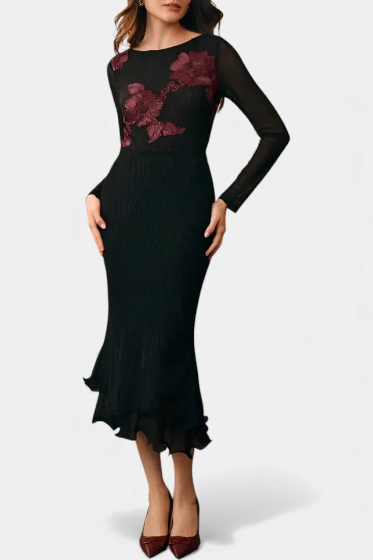 Floral Textured Blouse with Boat Neck and Long Sleeves by Ninon