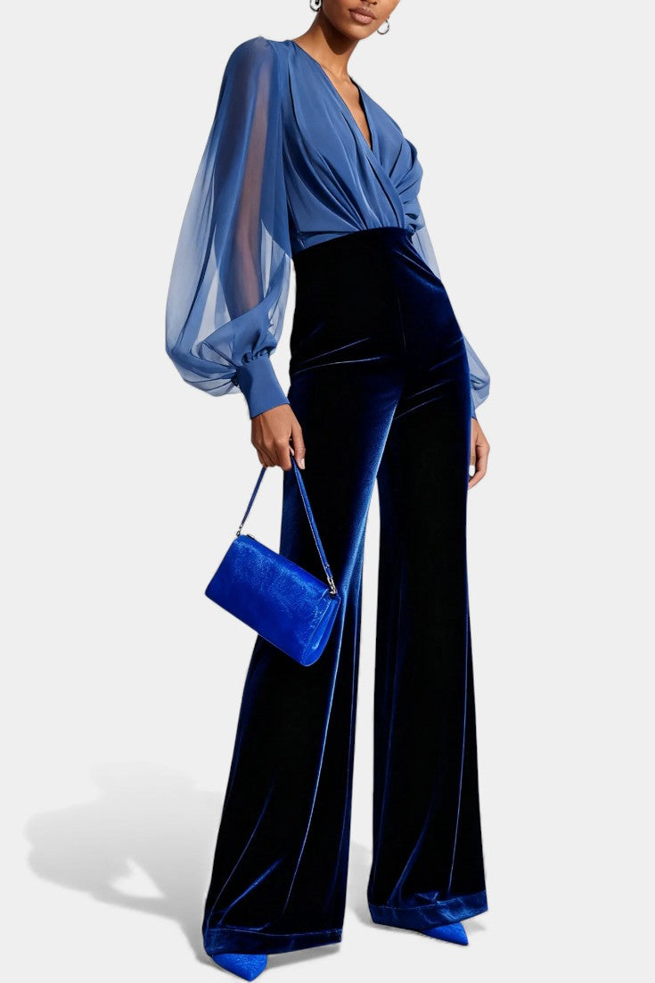 Mikaella V-Neck Blue Velvet Jumpsuit with Long Sleeves