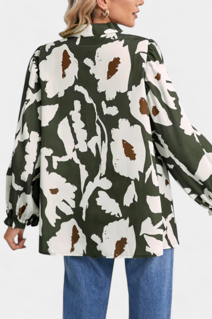 Filomena Relaxed Blouse with Puff Sleeves and Abstract Floral Design