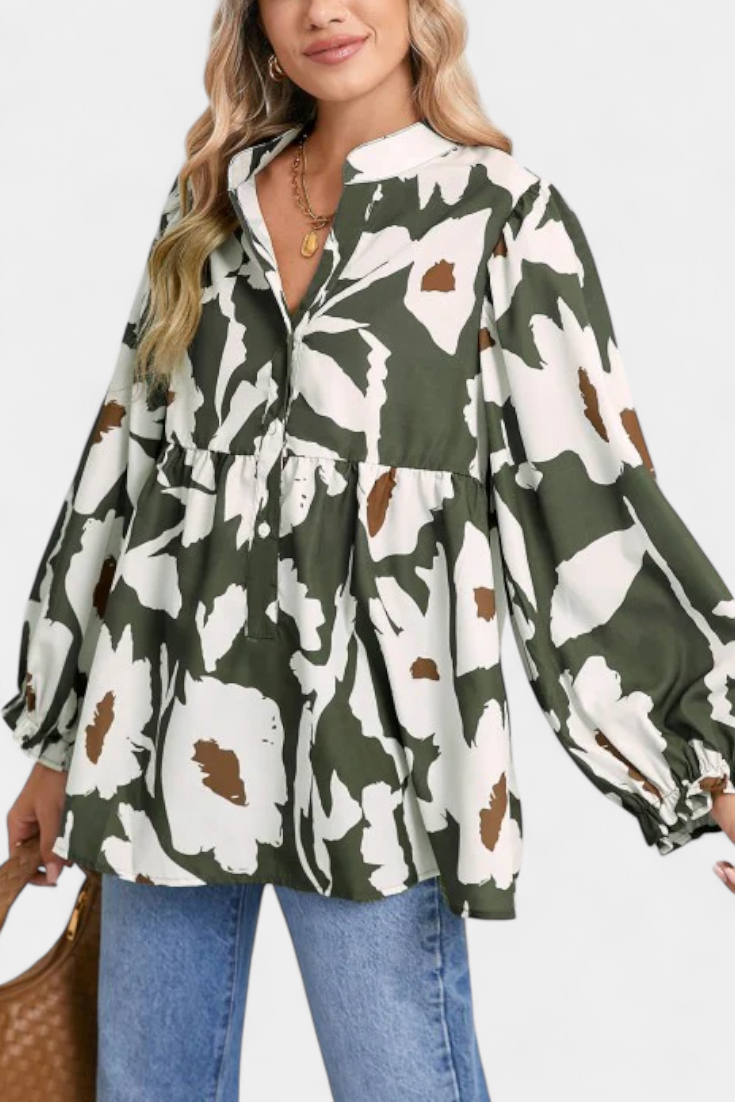 Filomena Relaxed Blouse with Puff Sleeves and Abstract Floral Design