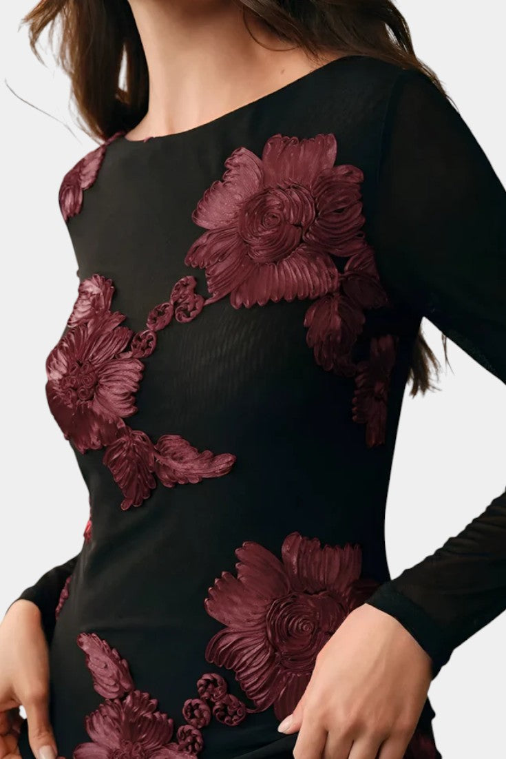 Floral Textured Blouse with Boat Neck and Long Sleeves by Ninon