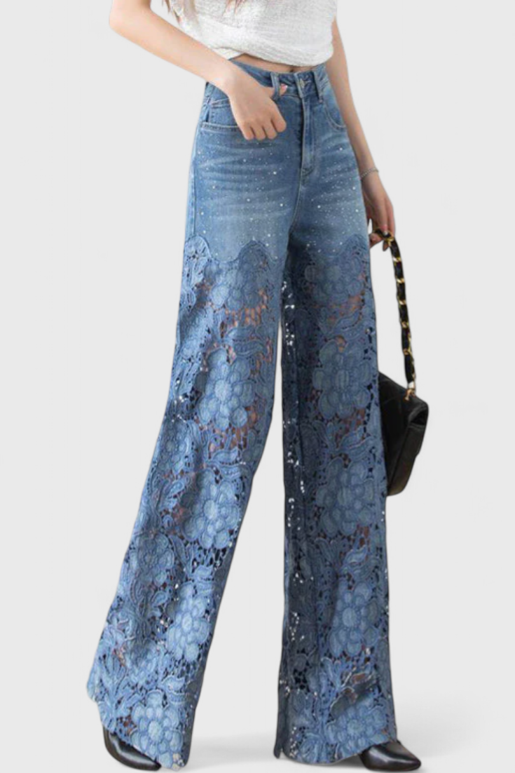 Denim Jasiel Palazzo Pants Featuring Openwork Lace Details