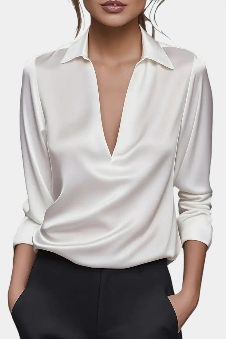Plunging Neckline Aline Silver Satin Blouse