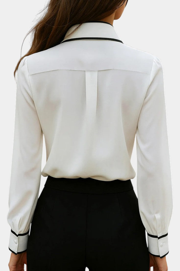 Ivory Maurine Blouse with Knotted Collar and Contrasting Details