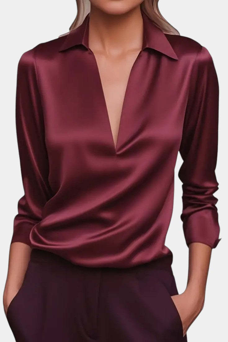 Plunging Neckline Aline Silver Satin Blouse