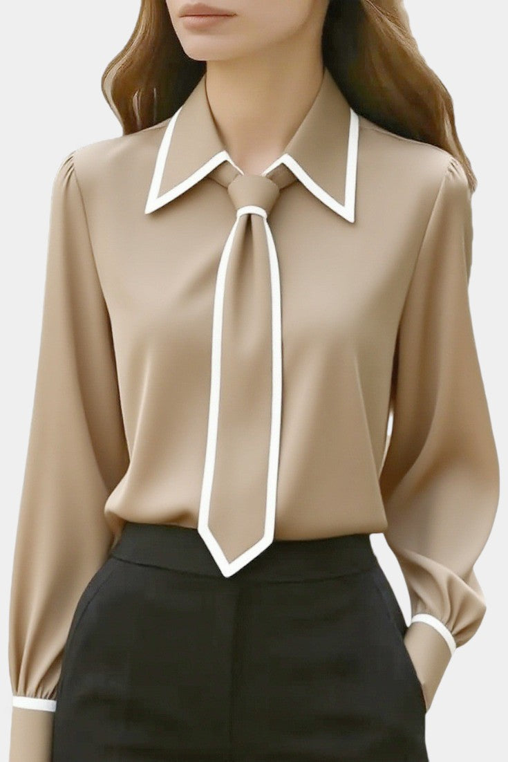 Ivory Maurine Blouse with Knotted Collar and Contrasting Details